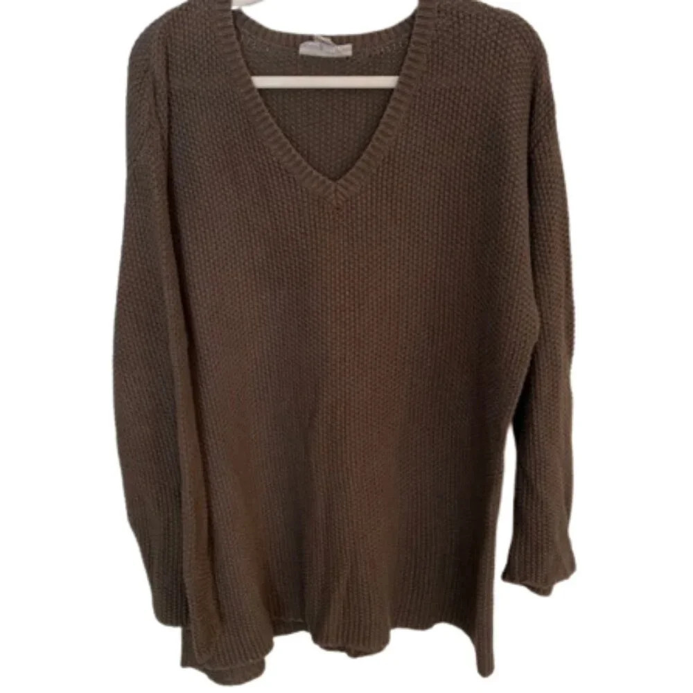 Bryn Walker Cotton Brown Long Sleeve V-Neck Sweater lagenlook 33646